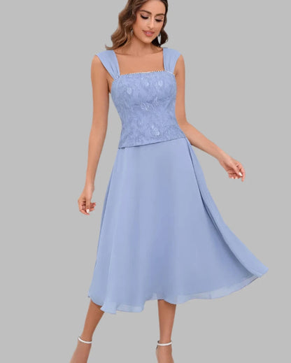 Light blue two-piece chiffon dress with square neckline and lace-textured bodice