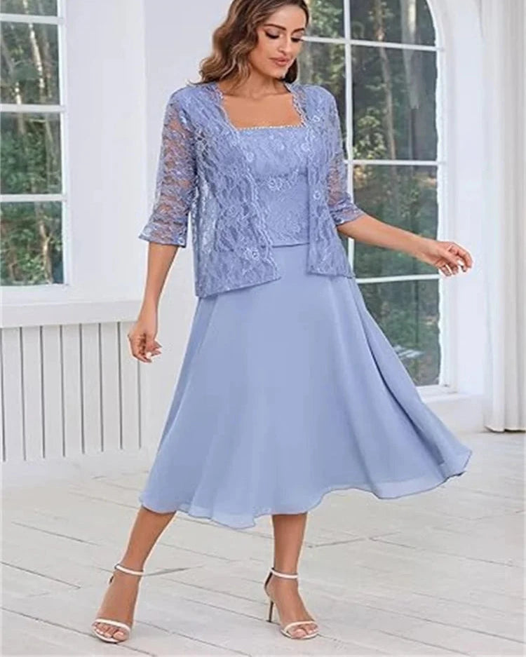 Light blue two-piece chiffon dress with lace-textured top and flared midi skirt
