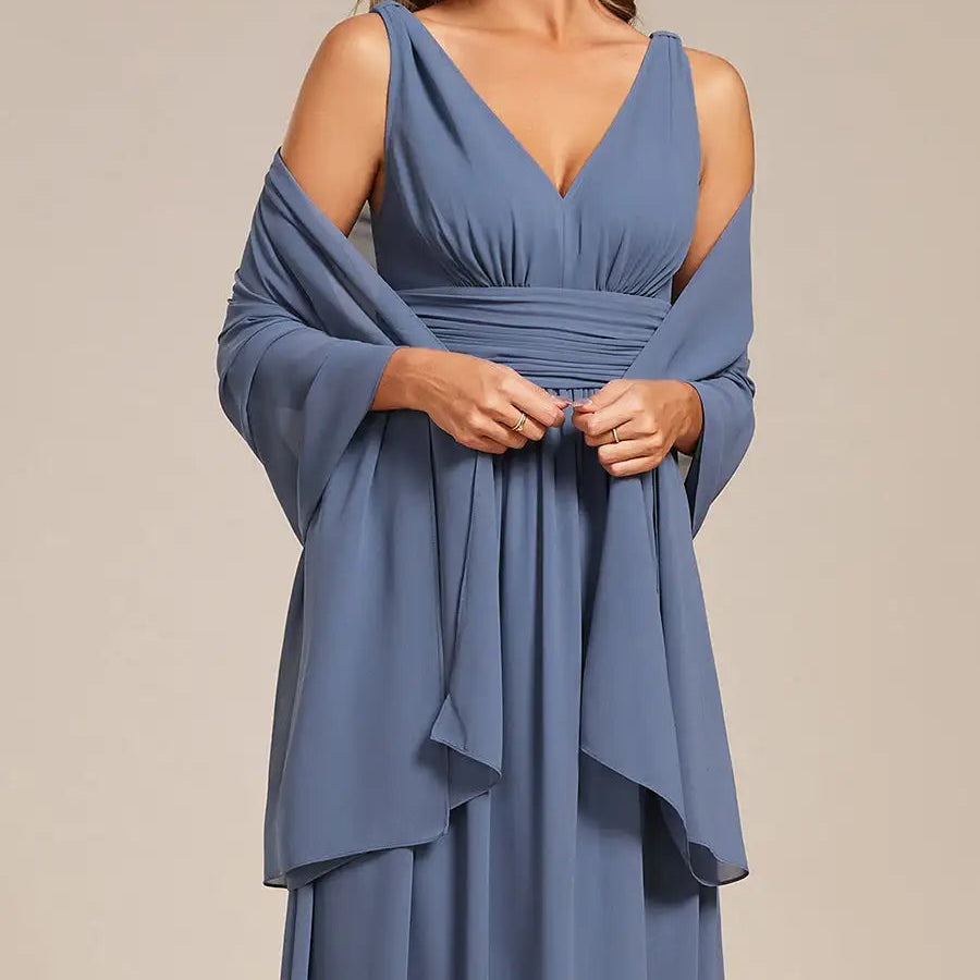 Chiffon shoulder wrap evening shawl in dusty blue with draped long sleeves
