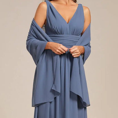Chiffon shoulder wrap evening shawl in dusty blue with draped long sleeves