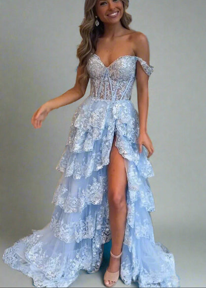 blue corset style bodice layered formal dress sizes 2-28w