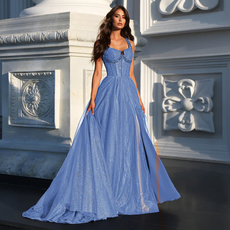 Blue glitter tulle A-line formal dress with wide straps and square neckline
