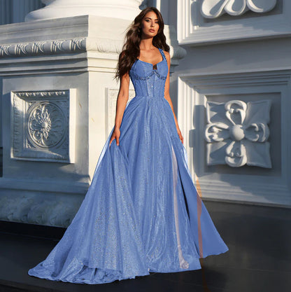 Blue glitter tulle A-line formal dress with wide straps and square neckline