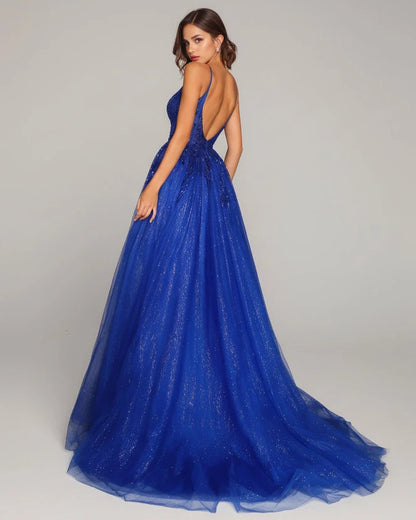 Blue A-line formal dress, low back with glitter tulle overlay and side slit skirt