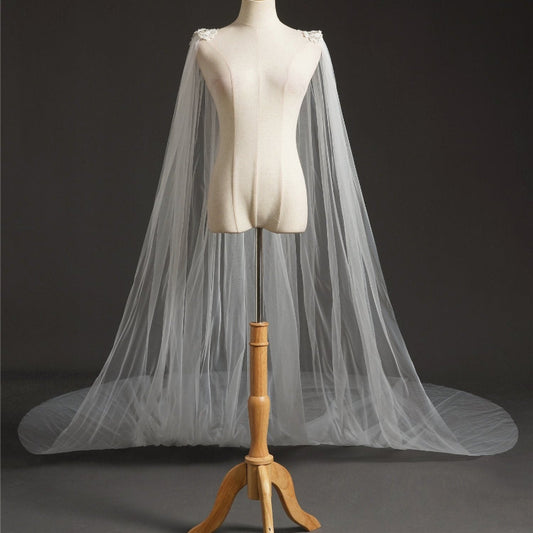 Ivory bridal cape veil with sheer tulle drape and floral crystal trim