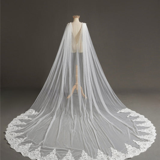 Bridal shoulder cape veil with flowing sheer tulle and scalloped lace applique trim