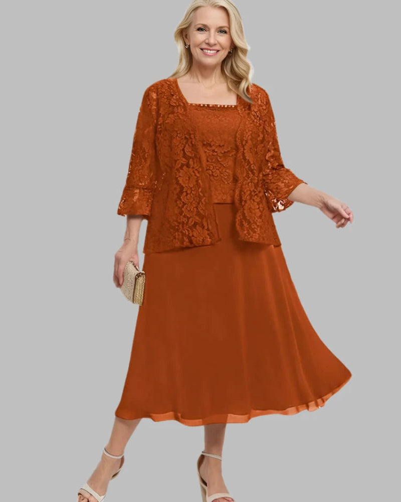 Burnt orange two-piece dress set with lace overlay top and A-line chiffon midi skirt