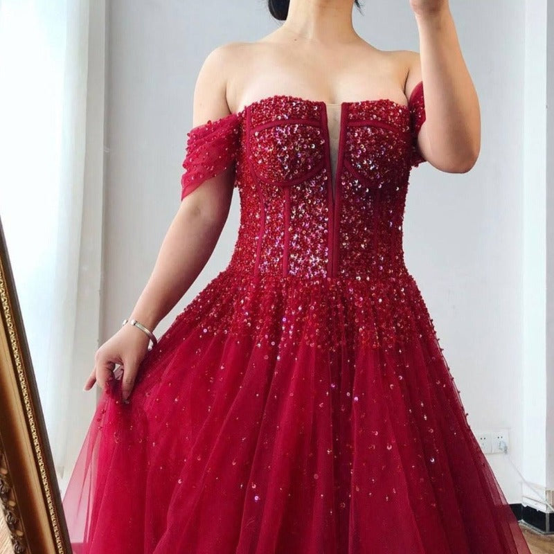 burgundy off shoulder beaded corset tulle prom dress-formal elegance