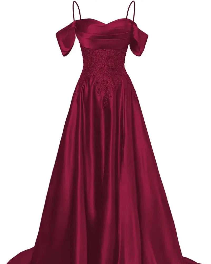 Hot pink satin A-line floor-length dress with beaded bodice and off-shoulder draped sleeves