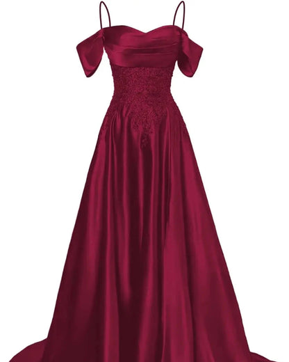 Hot pink satin A-line floor-length dress with beaded bodice and off-shoulder draped sleeves