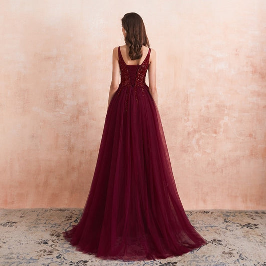 burgundy lace up back tulle evening dress-formal elegance