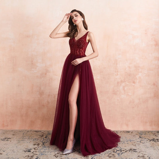 burgundy formal gala tulle sequins split evening dress ev1011-formal elegance