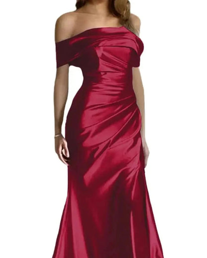 Burgundy satin mermaid off-shoulder formal dress with ruched bodice and flared skirt