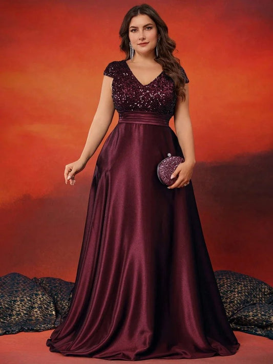 burgundy v-neck sequins and short sleeves floor length plus sizes evening dress-formal elegance