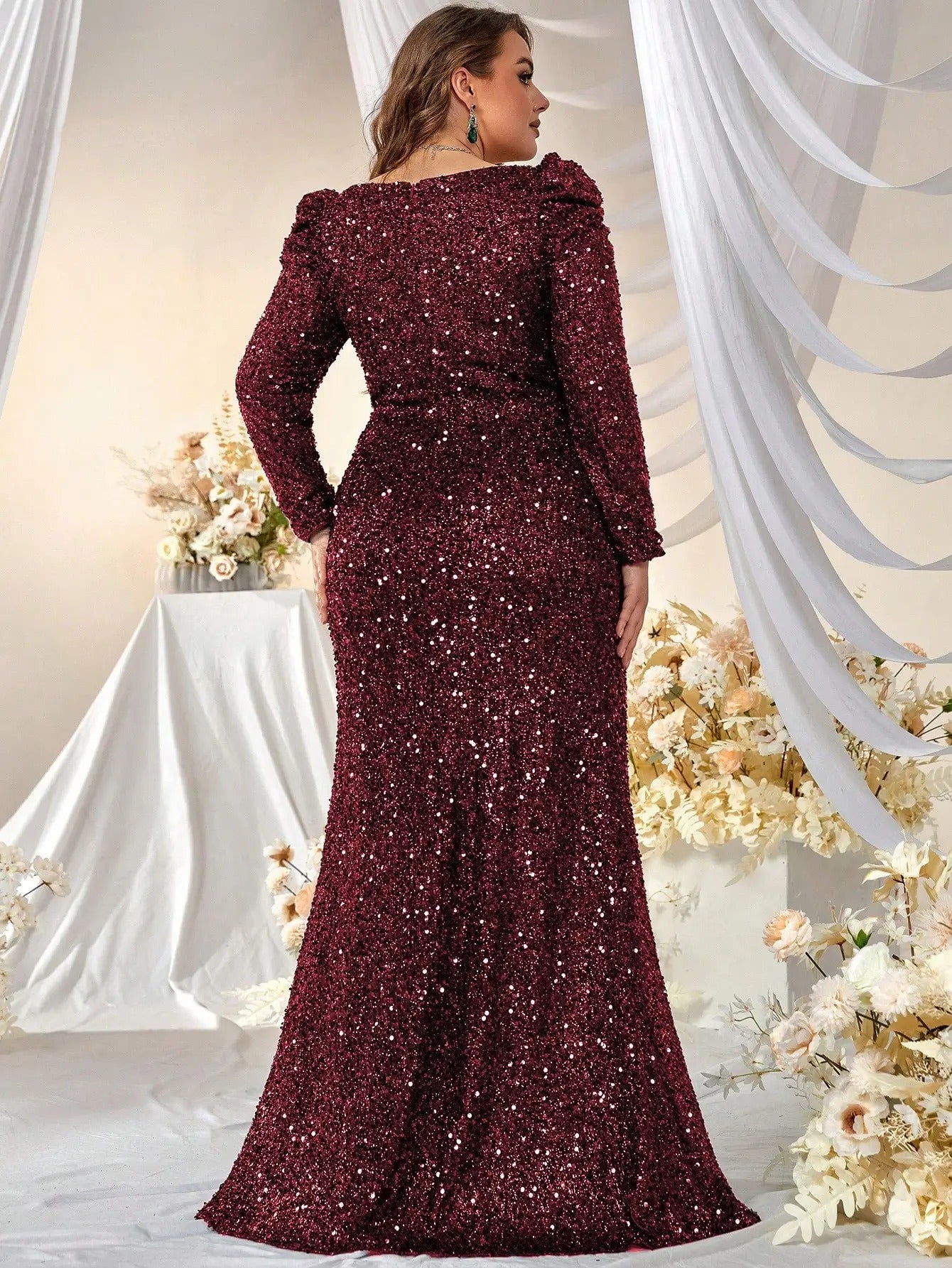 Burgundy Sequin Long Sleeve Evening Gown Size 26