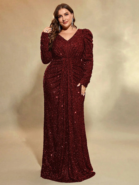 Burgundy Sequin Long Sleeve Evening Gown Size 26