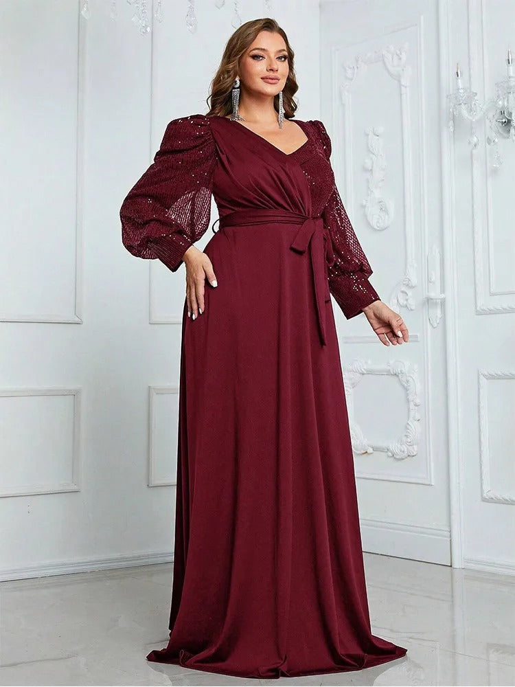 Navy Plus Size V-Neck Long-Sleeved Evening Dresses