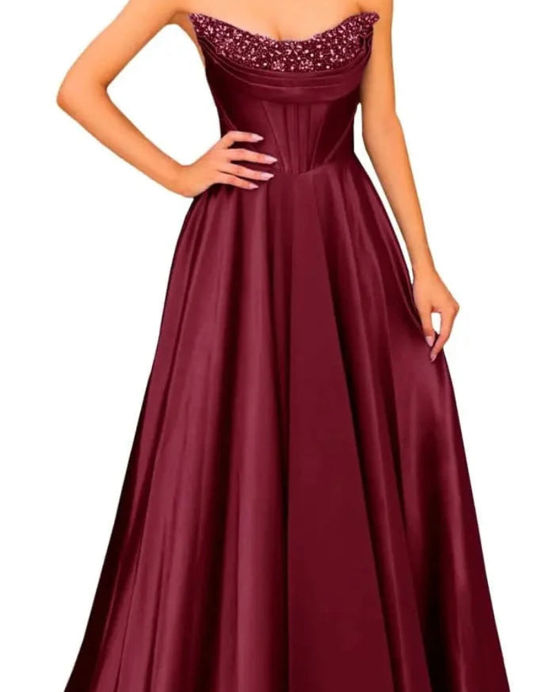 Burgundy strapless satin A-line evening gown with beaded sweetheart neckline