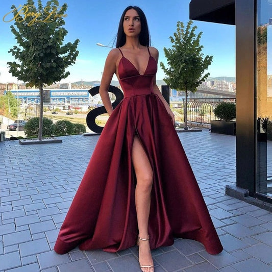 Burgundy V Neck Satin Front Split Evening Dress EV2002-Formal Elegance