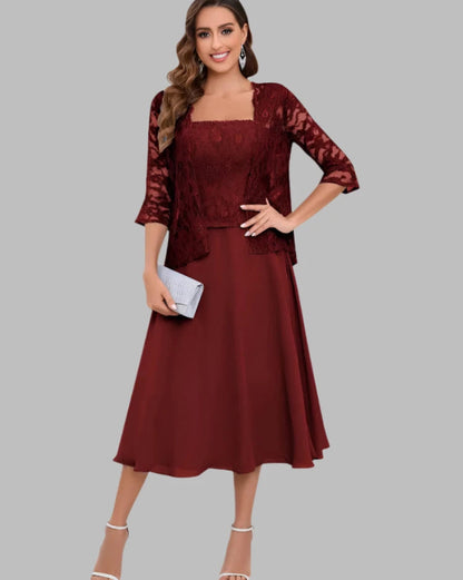 Wine red two-piece chiffon dress with lace-textured top and three-quarter sleeves