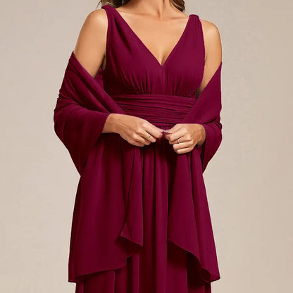 Chiffon shoulder wrap evening shawl in dark berry with draped long sleeves