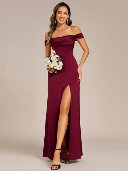 Burgundy Off Shoulder Satin Split Bridesmaid Evening Dress
