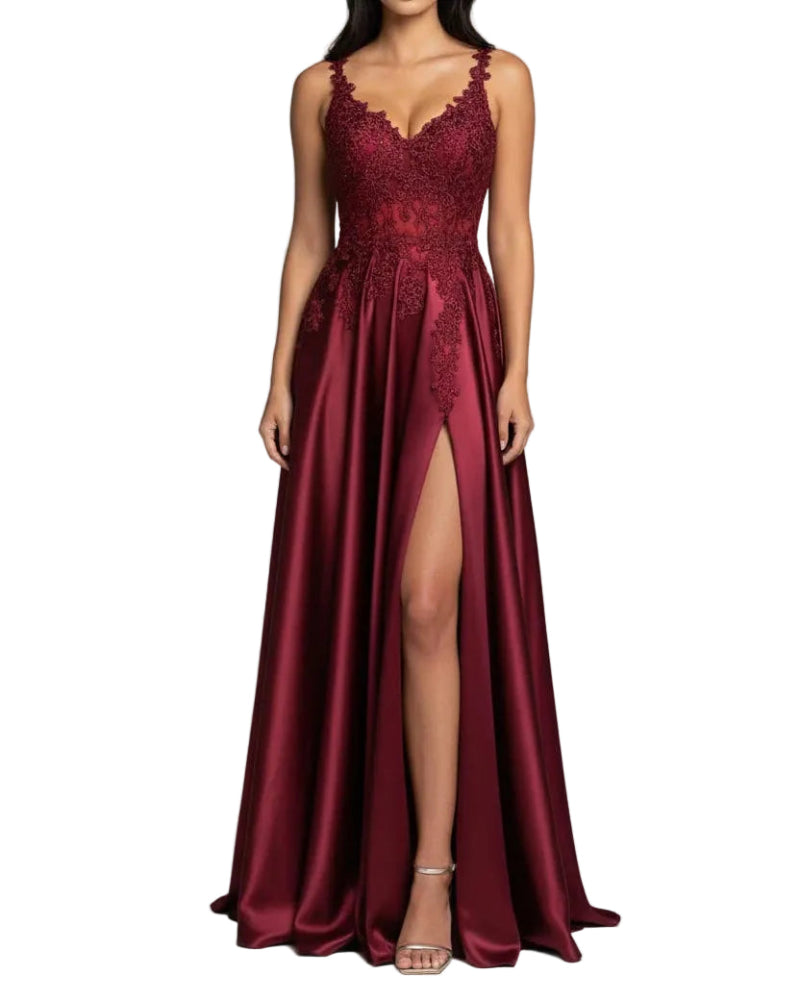 Burgundy satin evening dress with lace V-neck, spaghetti straps, A-line skirt, slit