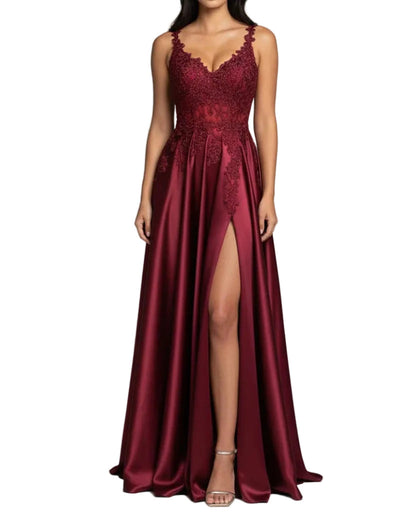 Burgundy satin evening dress with lace V-neck, spaghetti straps, A-line skirt, slit