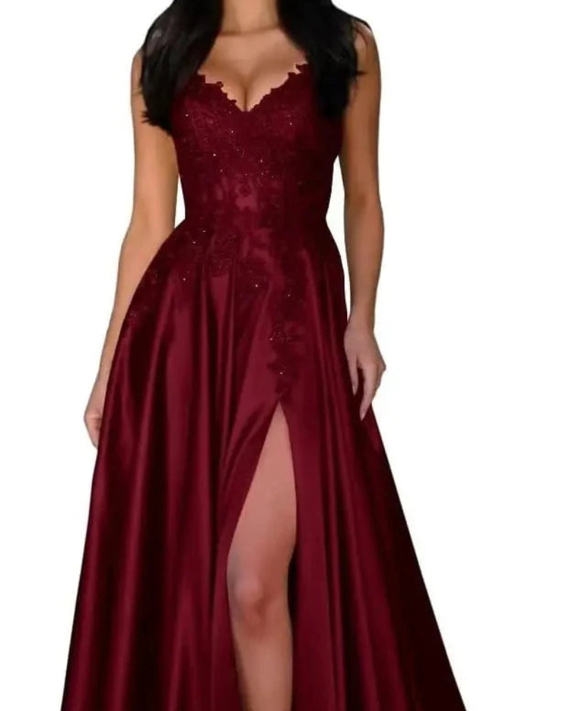Burgundy satin evening dress with lace V-neck, spaghetti straps, A-line skirt, front slit