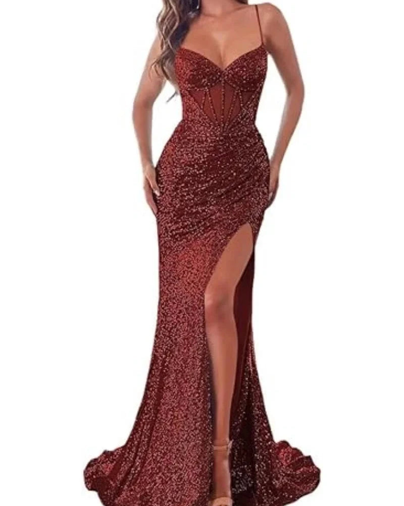 Burgundy sequin mermaid dress with spaghetti straps, sweetheart neckline, and side thigh slit.