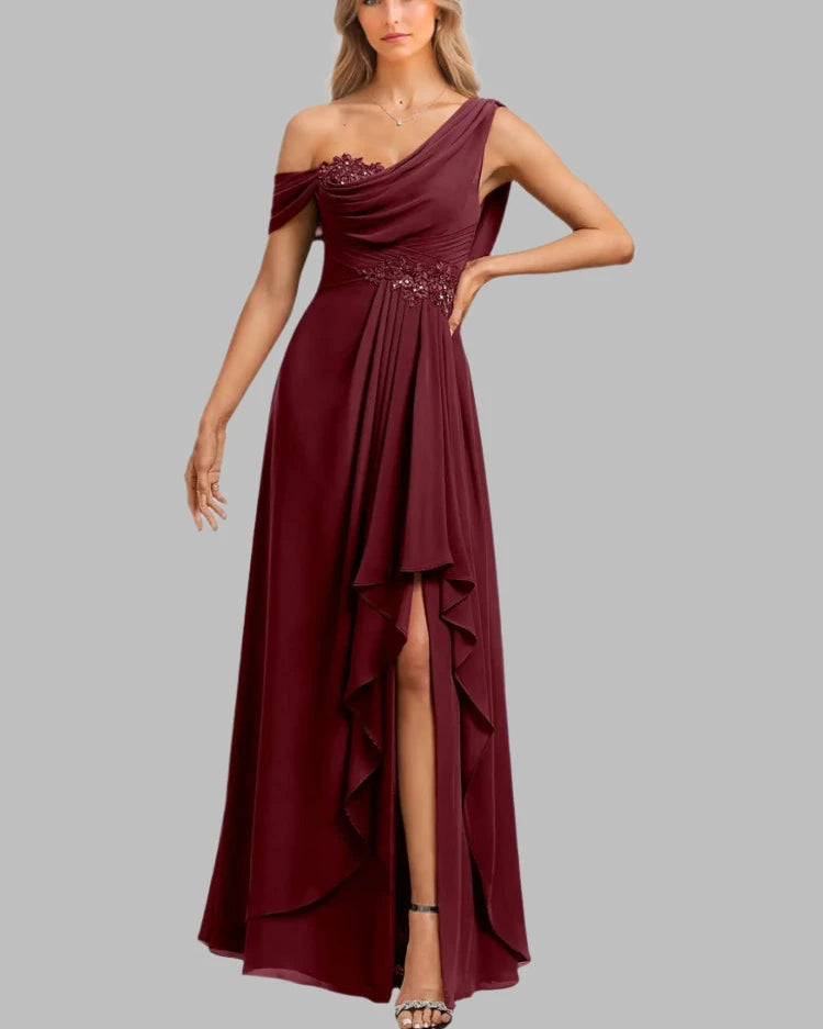 Burgundy chiffon one-shoulder A-line dress with draped bodice, beaded detail, and side slit