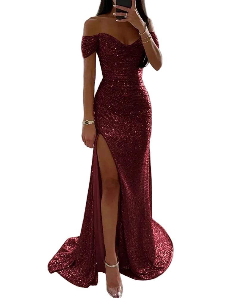 Off-shoulder sequin mermaid formal dress, sweetheart neckline, front slit; burgundy.