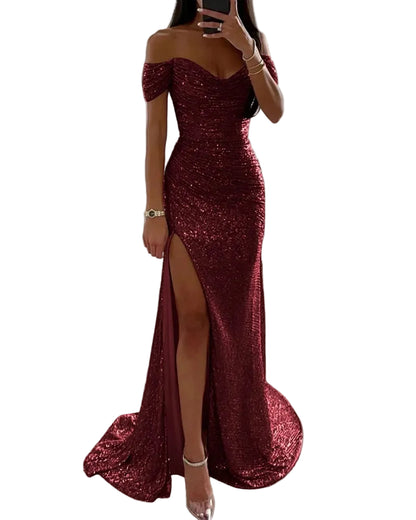 Off-shoulder sequin mermaid formal dress, sweetheart neckline, front slit; burgundy.
