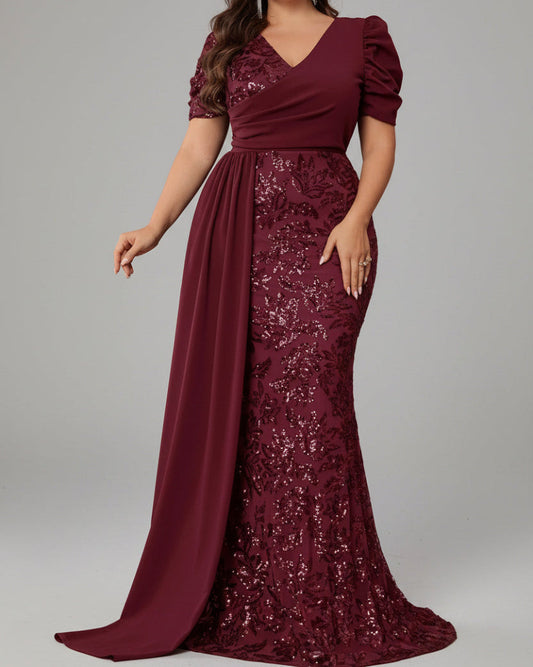 Burgundy plus size sequin v neck with short sleeves evening dress 