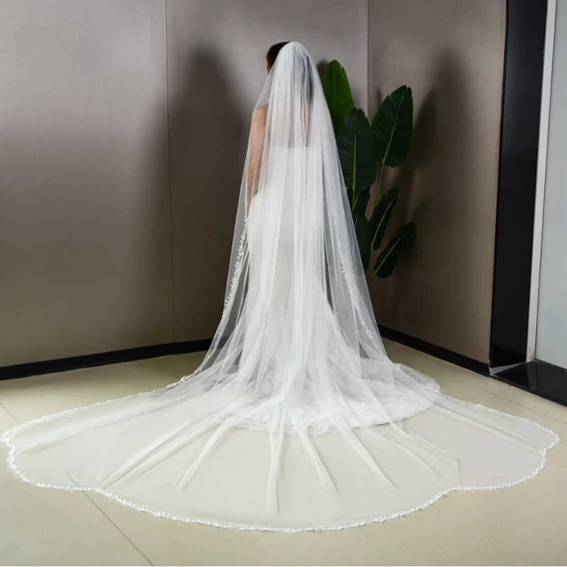 Cathedral wedding veil with single-tier tulle and lace border, full-length front drape