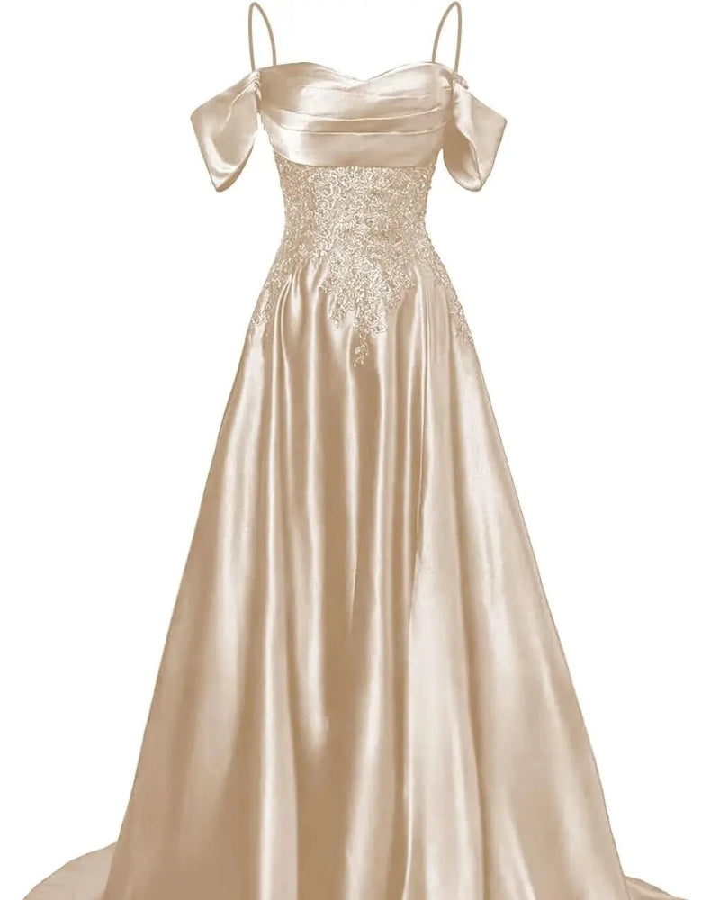 Champagne satin A-line floor-length dress with beaded bodice and off-shoulder draped sleeves