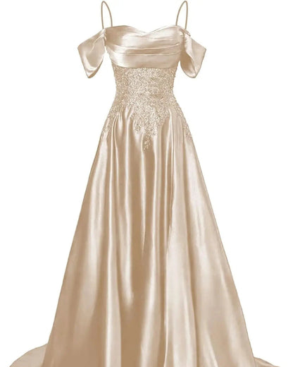 Champagne satin A-line floor-length dress with beaded bodice and off-shoulder draped sleeves