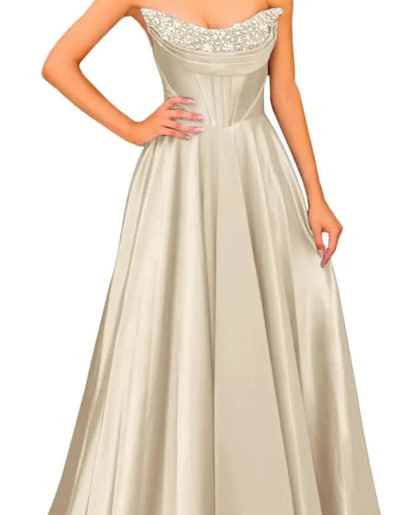 Champagne strapless satin A-line evening gown with beaded sweetheart neckline