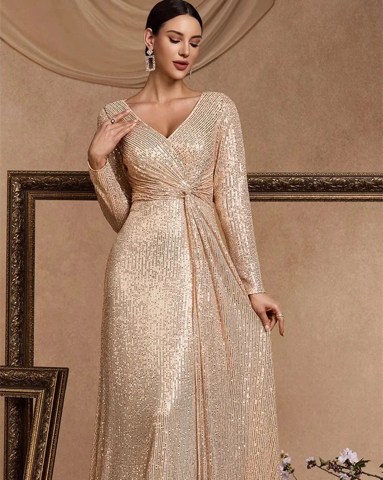 Champagne sequin long-sleeve maxi dress, V-neck with ruched waist tie