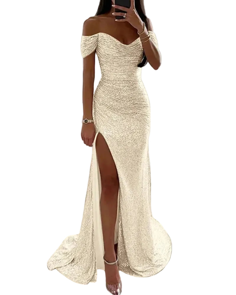 Off-shoulder sequin mermaid formal dress, sweetheart neckline, front slit; ivory.