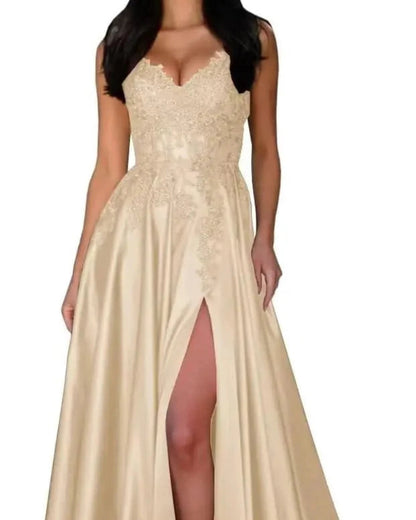 Satin A-line evening dress with lace V-neck and spaghetti straps, front slit, champagne