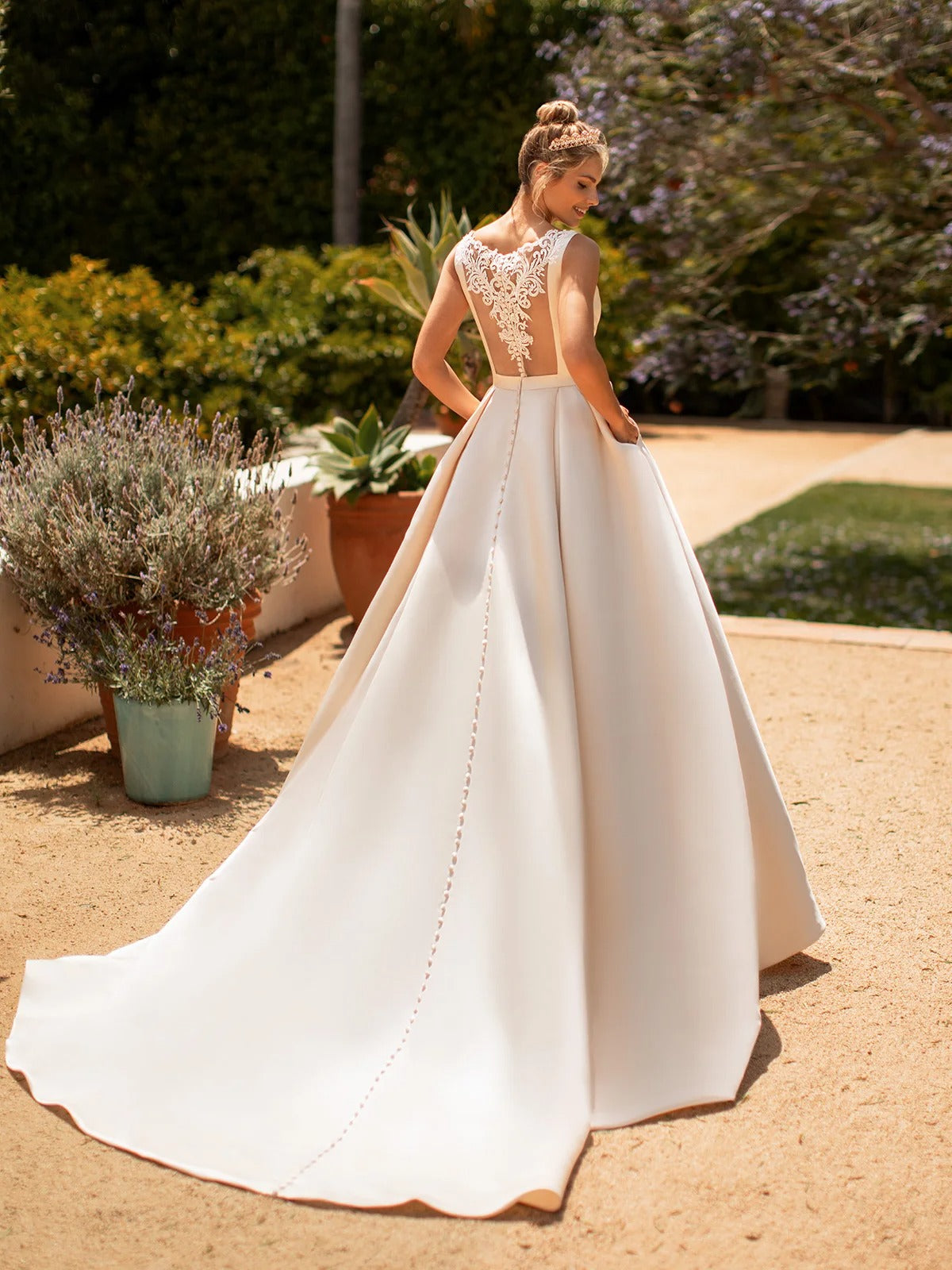 Elegant Champagne Satin Lace Back Wedding Dress