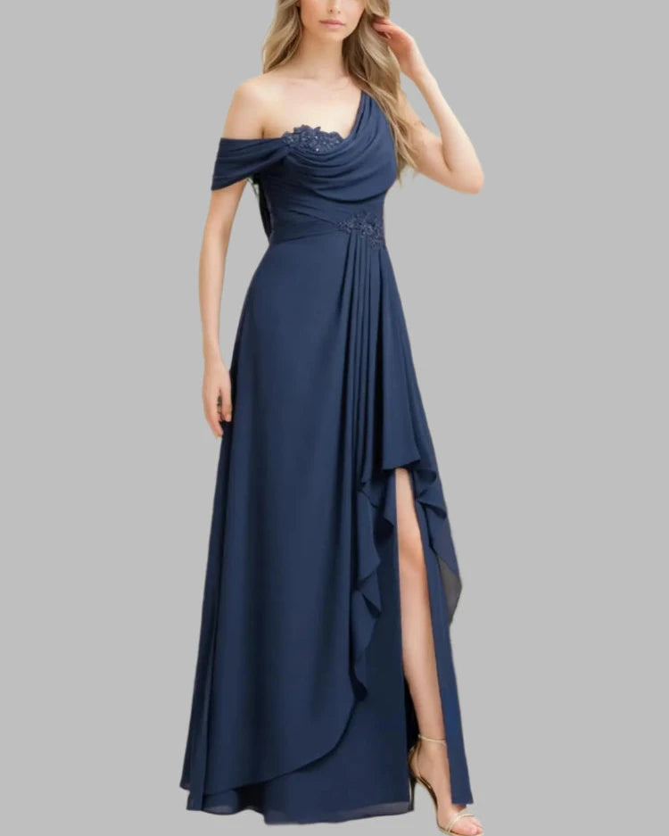 Navy chiffon one-shoulder A-line dress with beaded bodice, flowing skirt, and side slit