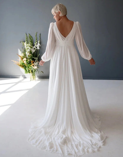V shaped back chiffon wedding dresses with train