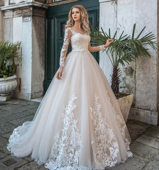 Champagne colour with ivory appliqué lace illusion long sleeves wedding dress sizes 2-26w-Formal Elegance 