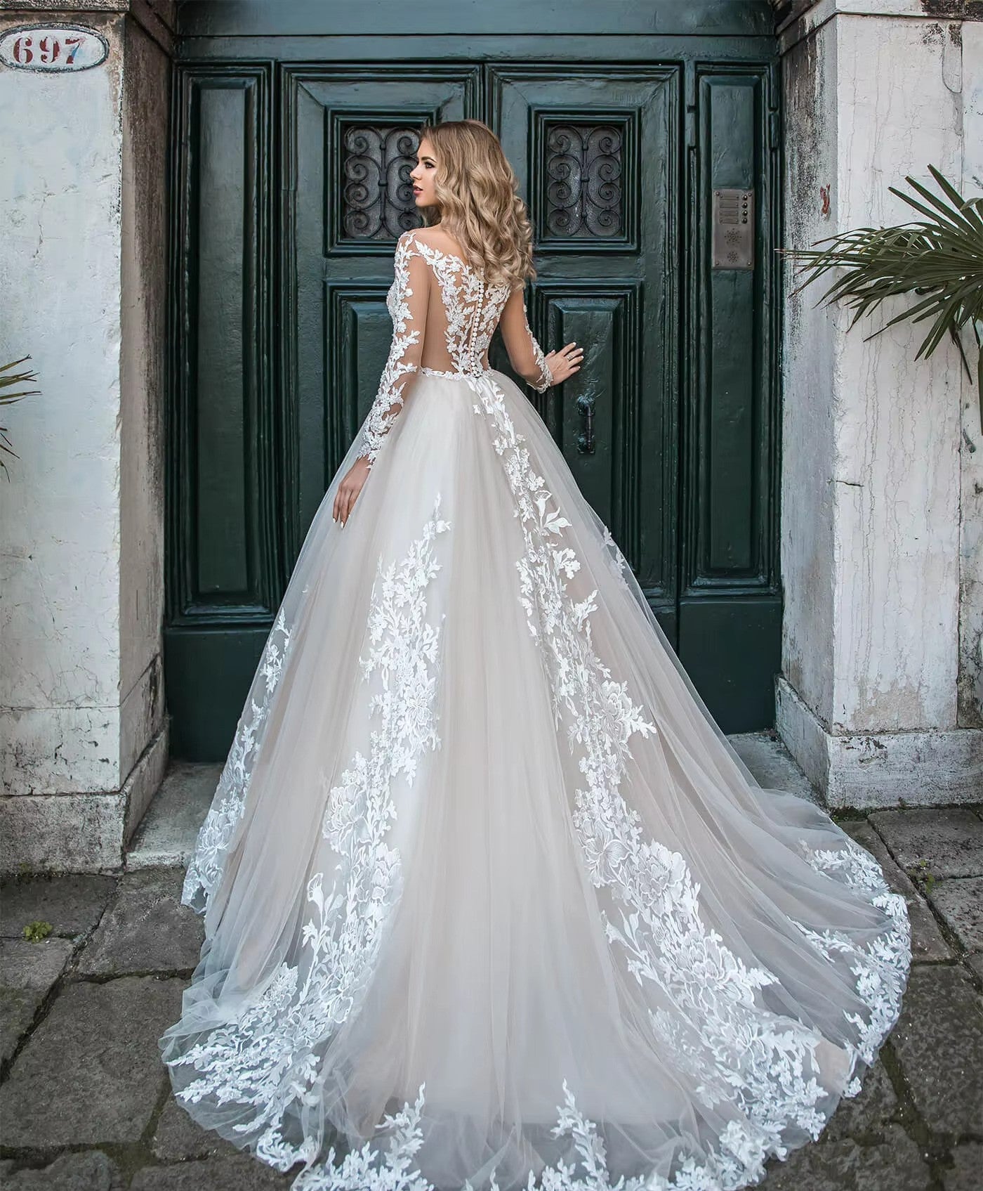 Classic Illusion Long Sleeves Lace Tulle Wedding Dress