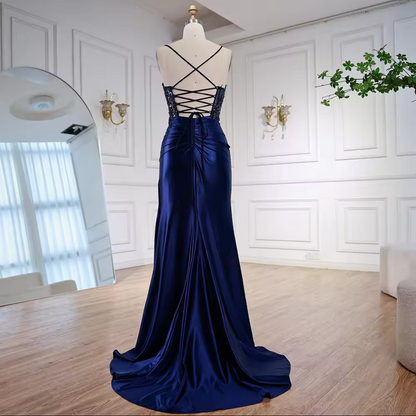 Navy Blue Satin Sequins Formal Dress