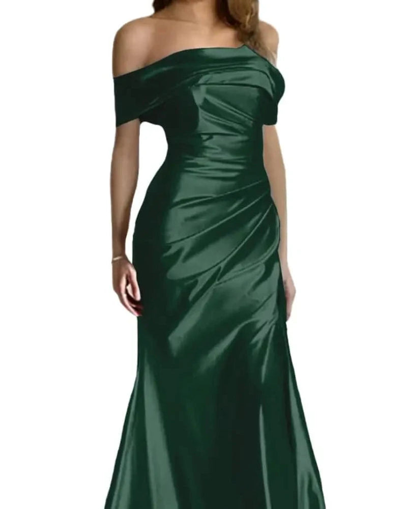 Dark green off-shoulder satin mermaid formal dress with draped bodice and long fitted skirt