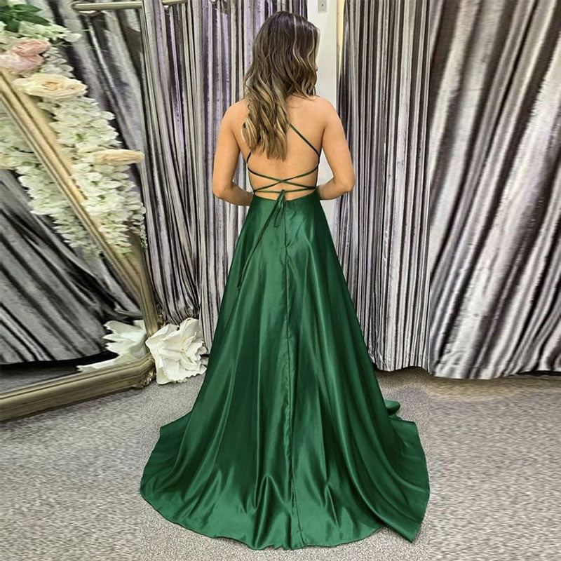 Dark Green Spaghetti Straps A line Evening Formal Gown EV1105