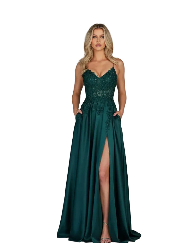 Emerald satin evening dress with lace V-neck, spaghetti straps, A-line skirt, thigh slit